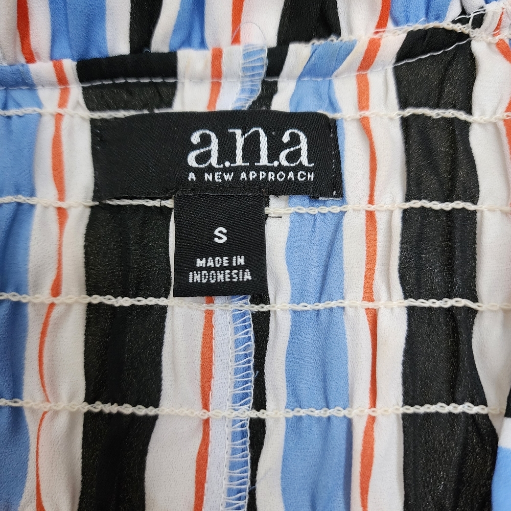 A.N.A Blue Black Orange White Striped Peasant Top with Peasant Sleeves - Picture 6 of 7